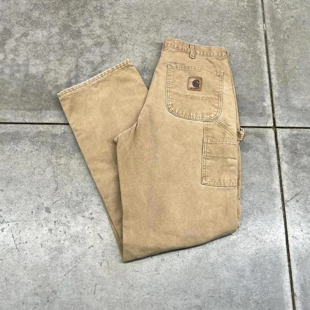 vintage carhartt sun faded tan relaxed baggy flannel lined dungaree cargo pants - Picture 1 of 4